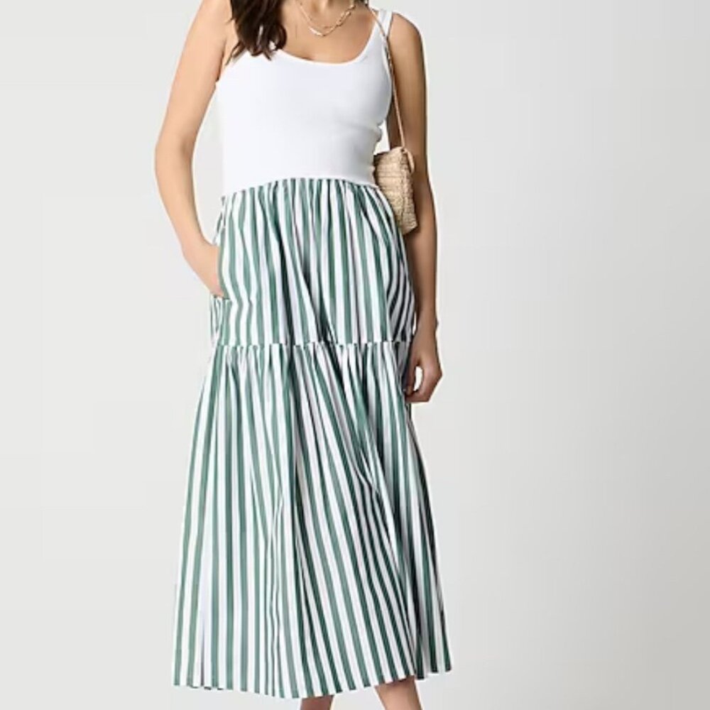 J. Crew White and Green Vertical-Stripe Tiered Midi Dress
